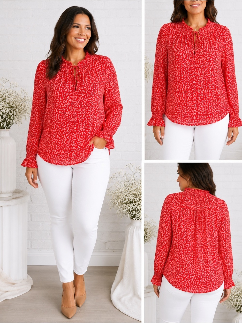 LOFT XL Deep Orange Floral Ruffle Neck Tie Blouse Long Sleeve Lightweight Top